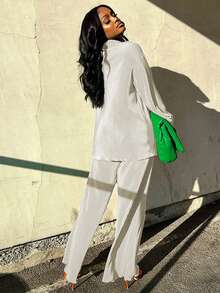 女士休闲印花褶皱衬衫阔腿裤两件套 春季 白色 - 白色 - 查看 5