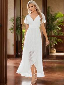 Đầm hè màu trắng tay ngắn cổ chữ V bằng ren kiểu vintage lãng mạn, vạt bất đối xứng, thích hợp cho cô dâu và làm quà tặng. - trắng - Xem 7