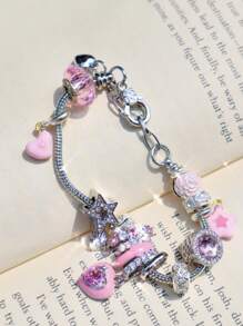 1 pieza Pulsera con dije de corazón de cristal lindo, dije de corazón de gato y letra, pulsera de cuentas DIY, pulsera de estilo coqueto de alta calidad como regalo para amigos