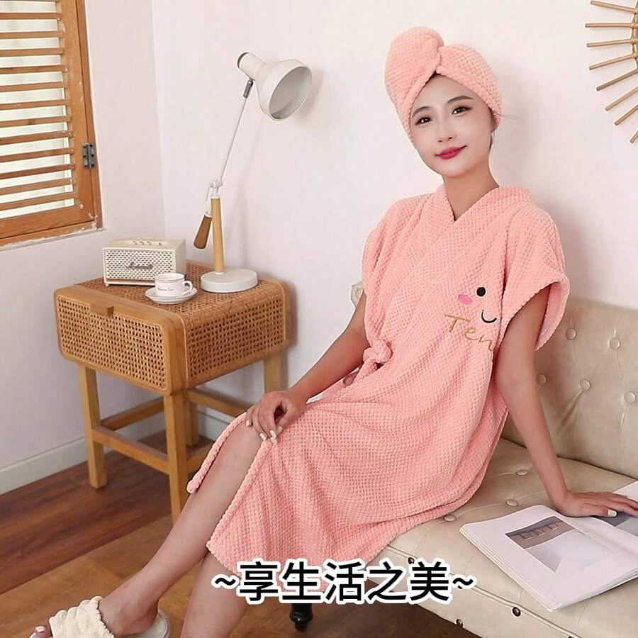 1pc Coral Fleece Pineapple Pattern Embroidery Sleeveless Robe, Cute Open Front House Dress, Soft & Absorbent Bath Robe For Women Back To School - Blue - View 1