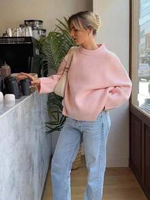 FOR BEAUTY PETITE Autumn And Winter New Women's Round Neck Pink Knitted Sweater Long Sleeved Women's Loose Top, French Romantic Elegant Sweet Simple Slouchy Style Suitable For Daily Go Out Dating Commuting Sweater Pullover ,Women's Clothing ChicAutumn Halloween