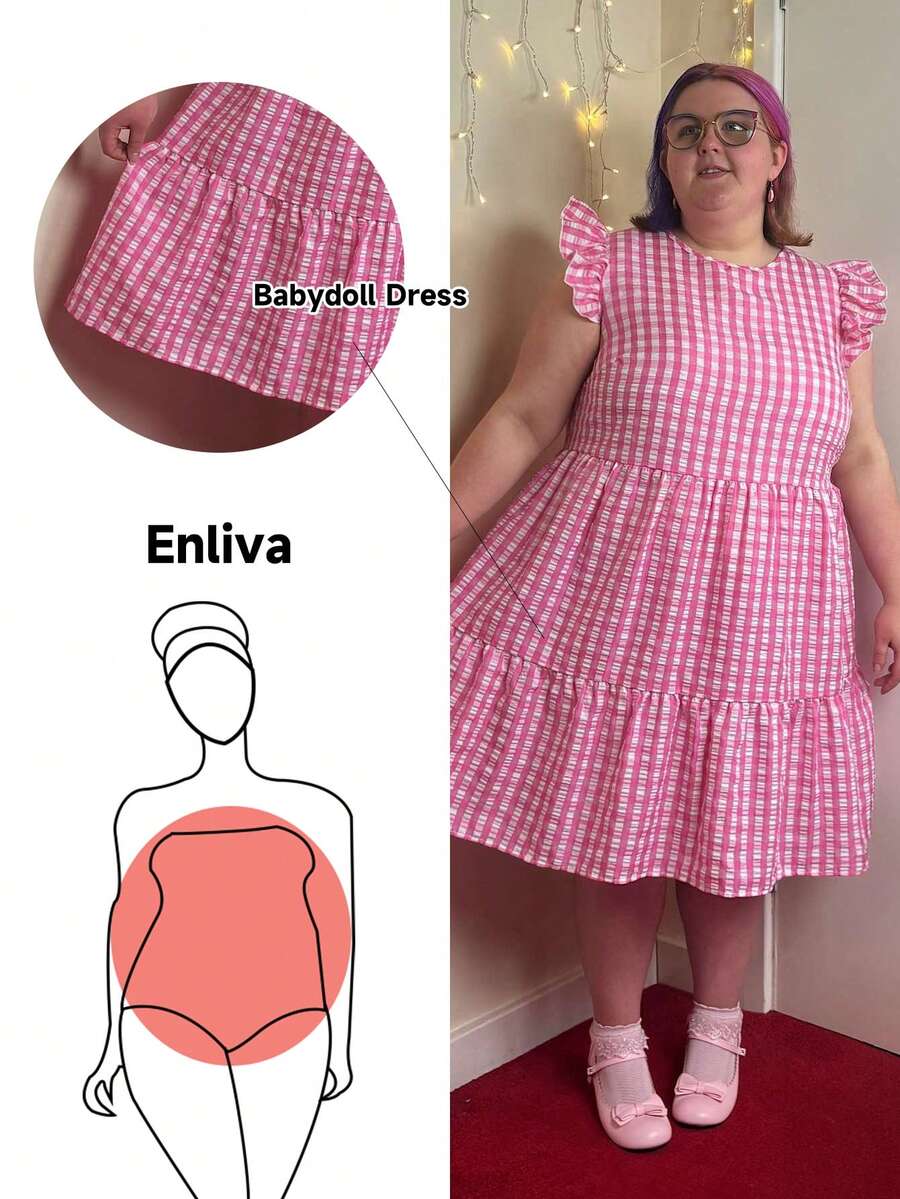Enliva 大码女式可爱格子印花圆领盖袖连衣裙（夏季） - 玫紅色 - 查看 1