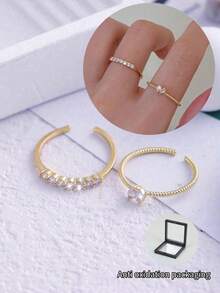 1枚/2枚镀金铜情侣心形戒指，女士戒指，女士礼物，订婚/结婚珠宝礼物，适合宴会、约会、舞会、派对、日常佩戴，开口可调节 - 金黃色 - 查看 17