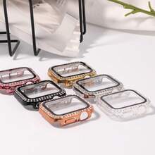 Compatible With Apple Watch Case Series 10/9/8/7/6/5/4/SE With Tempered Glass Screen Protector, Double Bling Case Crystal Diamonds Rhinestone Bumper Overall Hard PC Ultra Protective Cover Compatible With Apple Watch - Apple Double Row Shell Membrane - View 2