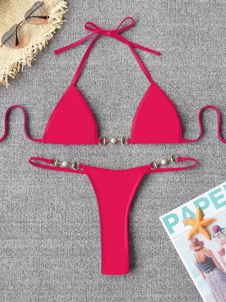 TASHEHE Women's Thong Bikini Set String Brazillian Two Piece Swimsuit Cute Bikini Bathing Suit - Đỏ đặc - Xem 5