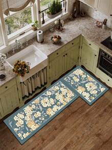 1 pezzo Stuoia da cucina in silicone per il fango, con motivo floreale in blu-verde e beige, stile elegante campagnolo vintage, spessore 3 mm, impermeabile, tappeto antifatica per la cucina, adatto per cucina, bagno, ingresso, lavanderia