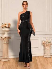 Basrey Belle Asymmetrical Neck Contrast Sequin Mermaid Hem Dress Black Elegant Formal Evening Prom Wedding Guest Gown, For Graduation, Dinner, Party Dress - Black - View 11