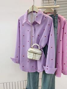 Camicia a maniche lunghe con colletto polo, stampa a cuori e righe, casual, abbottonata, adatta per primavera, estate e autunno, per uso quotidiano - Strisce viola - Visualizzare 10