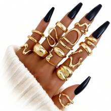 15pcs Metal Material Asymmetrical Shaped Ring Set For Women's Daily Leisure, Gatherings And Travels, Simple And Versatile