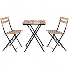 Set con 3 muebles de mesa y 2 sillas, para jardín, exterior, plegable, de metal y madera, para terraza en estilo retro, estructura de acero, tipo bistró, patas antideslizantes, para balcones y terrazas pequeños