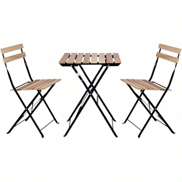 Set con 3 muebles de mesa y 2 sillas, para jardín, exterior, plegable, de metal y madera, para terraza en estilo retro, estructura de acero, tipo bistró, patas antideslizantes, para balcones y terrazas pequeños