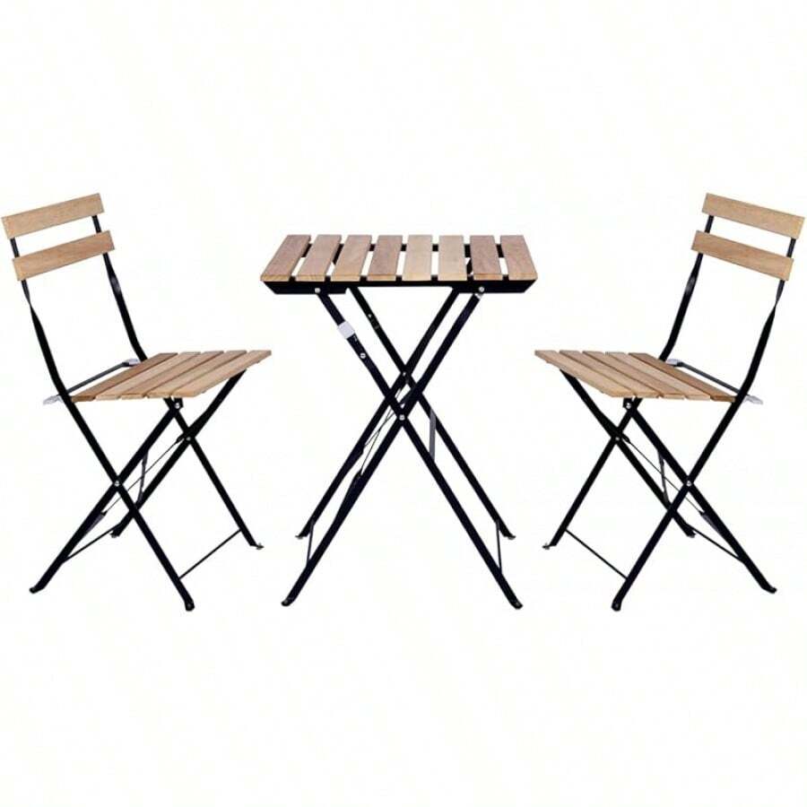 Set con 3 muebles de mesa y 2 sillas, para jardín, exterior, plegable, de metal y madera, para terraza en estilo retro, estructura de acero, tipo bistró, patas antideslizantes, para balcones y terrazas pequeños