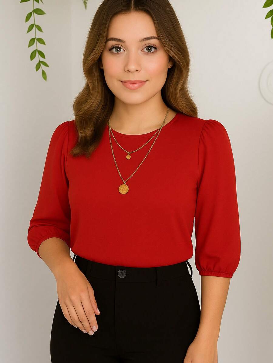 Duna Women's Blouse Social 3/4 Princess Evangelical Fashion S To GG Various Colors Simple Casual Elegant Party Viscose Night Holiday Daily Birthday Party - 紅色 - 查看 1