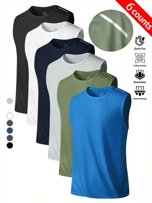 6pcs Pack Men's Casual Sports Sleeveless T-Shirts, Running Training Fitness Muscle Tank Tops
