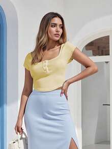 Women's Button Up Crop Top Ribbed Scoop Neck Cap Sleeve Shirt Slim Fit Summer Blouse For Casual Streetwear - 黃色 - 查看 9