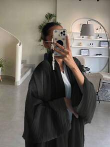 一件扎染优雅休闲长袍，阿拉伯迪拜时尚沙特开衫长袍披肩，适合日常穿着和聚会，黑色 - 黑色 - 查看 2