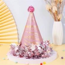 Plush Ball Pompom Star Trim Birthday Hat, Cake Party Decor Matte Pearl Cone Tip Cap For Adults