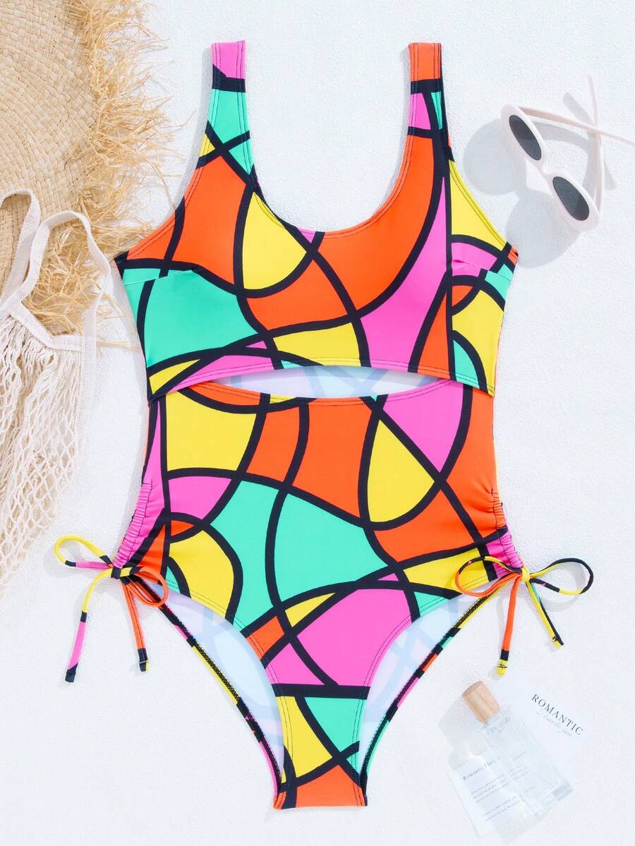 Women's Fashion Colorful Block Print Waist Sexy Hollow Out Drawstring Ruched Slimming One-Piece Swimsuit For Pool, Beach, Vacation