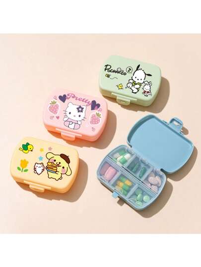 Sanrio Sanrio Cartoon Pill Box, Pink, Yellow, Green And Blue Medicine Organizer, Hello Kitty, Pom Pom Purin, Pochacco, Cartoon Pill Box, Six Compartments Inside The Box, Can Be Sorted To Store Medicines, Vitamins, Candies, Suitable For Daily Carry Or Travel Use, Compact And Portable Organizer