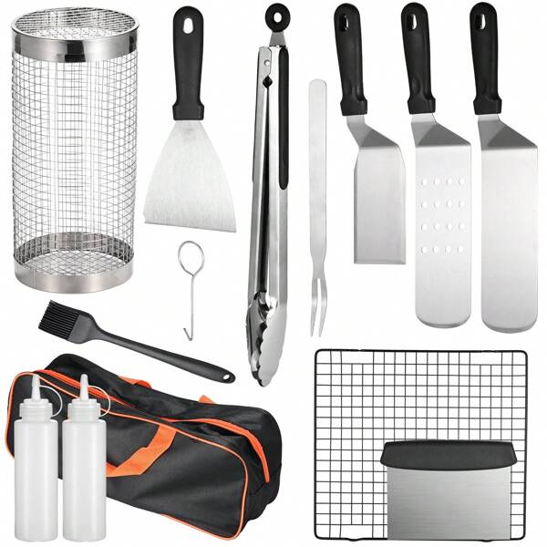Miorkly BBQ Spatula Set, 13 Stück, Edelstahl BBQ Spatula Werkzeug Set mit Tragetasche, BBQ Käfig, BBQ Netz, Perfekt für Outdoor BBQ, Vatertag, Geburtstag, Weihnachten, Teppanyaki und Camping