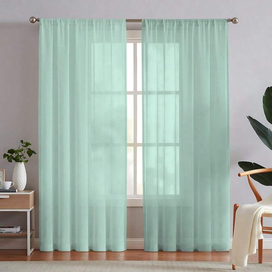 2pcs Mint Green Sheer Voile Curtains - Light Filtering, Modern Polyester Drapes For Living Room, Bedroom, Kitchen - Versatile Rectangular Design, Machine Washable, Curtains For Living Room