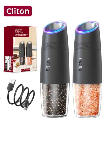 CLITON Molinillo de pimienta eléctrico activado por gravedad - Recargable por USB-C (batería de 300mAh) con recipiente de 135ml iluminado por LED, interruptor de bloqueo y dial de ajuste de grosor - Regalo premium para la cocina (paquete individual/doble)