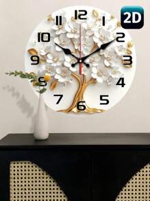 1 pieza Reloj de pared elegante y silencioso de 10 y 12 pulgadas con diseño floral blanco y árbol dorado, revestimiento de madera - Perfecto para la decoración de la sala de estar, dormitorio, cocina, oficina - Regalo perfecto para el Día de San Valentín o el cumpleaños Decoración de habitación Reloj digital Despertador