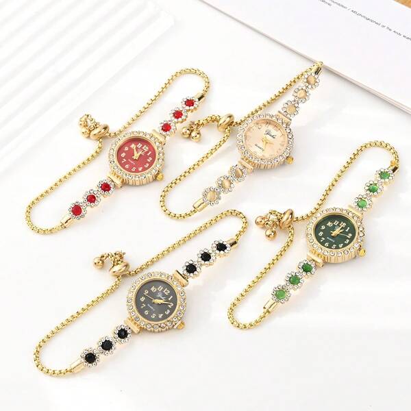 ساعة أنيقة للنساء قطعة واحدة، بشاشة دائرية فاخرة مرصعة بالكريستال الراينستون وبنمط موجي، حزام قابل للسحب، ساعة كوارتز من السبائك المعدنية، هدية للصديقات