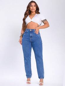 Women's High Waisted Mom Jeans Premium 100% Cotton Butt Lifting High Waist - 大理石白 - 查看 4