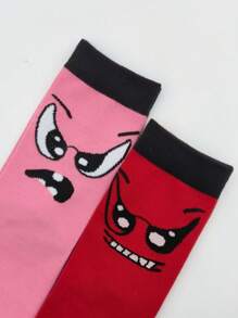 3 Pairs Random Color Block Funny Expression Street Fashion Mid-Calf Socks For Women, Style For Students And Couples