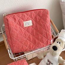 3pcs Red Plaid Makeup Bag Set, Large Capacity Cosmetic Organizer Pouch, Quilted Toiletry Bag,Back To School,Bedroom Room Decor,Back To School - Red - View 6