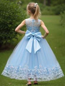 青少年女孩高端刺绣亮片无袖花童婚纱，蓬松生日婚礼派对公主礼服 - 藍色 - 查看 2