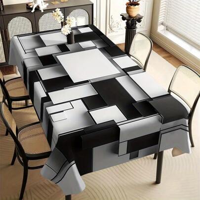 Tovaglia rettangolare in poliestere con stampa geometrica, a quadri in bianco, nero e grigio, tessuta, durevole, adatta per tavoli da pranzo e da caffè, adatta per le feste, accessori da tavola moderni, decorazione monocromatica, texture liscia