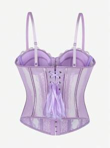Top de corsé de malla y encaje para mujer, corpiño ajustable negro con broche delantero, cinturón de la cintura