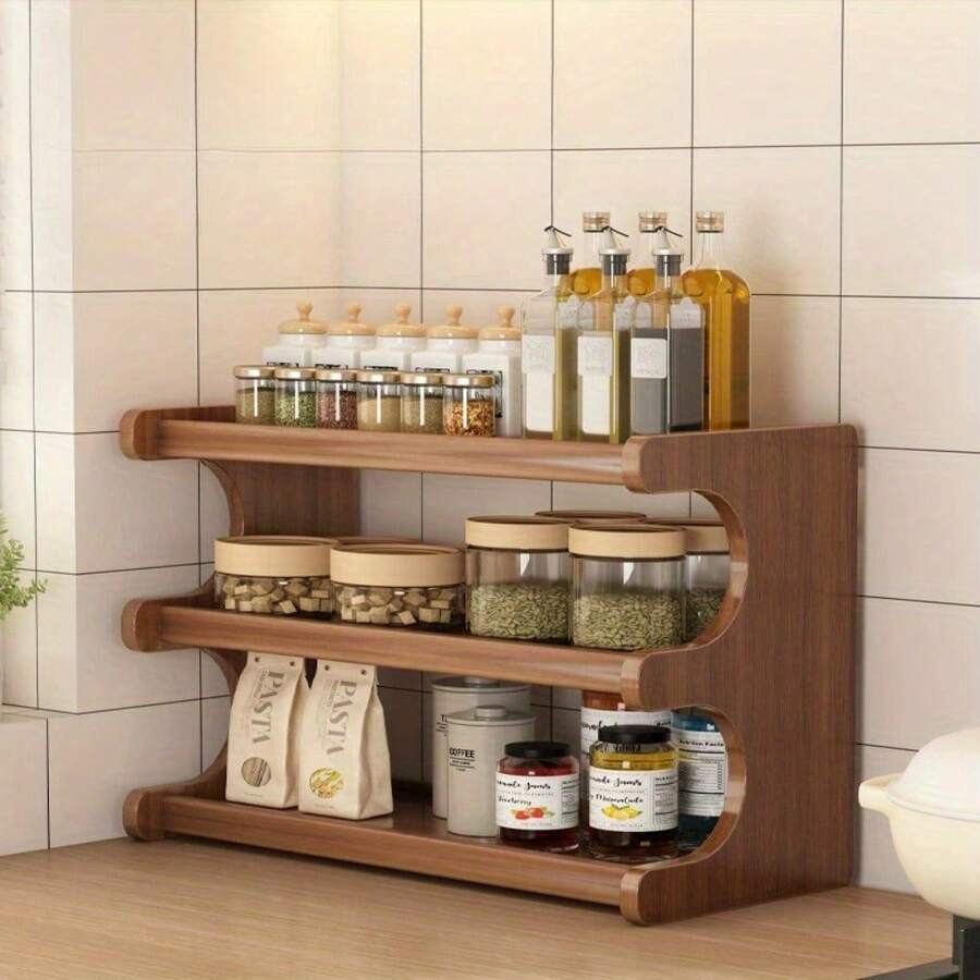 3-Tier Wooden Kitchen Storage Rack, Vintage Wooden Multipurpose Organizer Shelf - Space-Saving Design Rack For Displaying Tea Cups, Teapots & Tableware With Countertop Cup Holder - 3 lớp - Xem 1