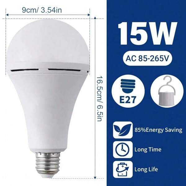 2 Stück/Set Automatische Stromausfall Notfall Glühbirne, E27/E26 wiederaufladbare LED Glühbirne 15W super hell für 3-5 Std. Stromausfall Beleuchtung, Lithium-Akku Backup, geeignet für Camping Outdoor, Nachtmarkt - Hänge- oder Handmodus