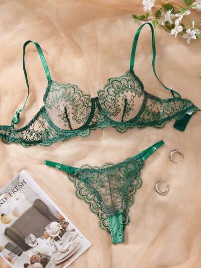 Set de lencería de 2 piezas para mujer, compuesto por un sujetador con aros ajustables y unas pantis tipo braga, de malla verde con bordado floral, de uso íntimo y ultrafino para el verano