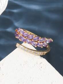 1pc Zirconia Double Row Open Ring, Suitable For Everyday Wear - Gold + Purple - View 6