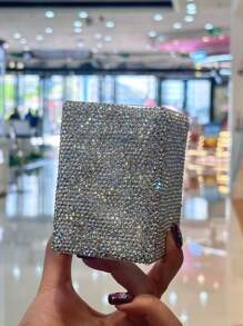 1pc White Luxury Crystal Rhinestone Decor Desktop Pen Holder, Creative Clay Glue Rhinestone Decor Makeup Brush Organizer, Fashionable Beauty Tool,For Holiday Beach, Bathroom Collection, Bedroom Collection, Large Capacity
