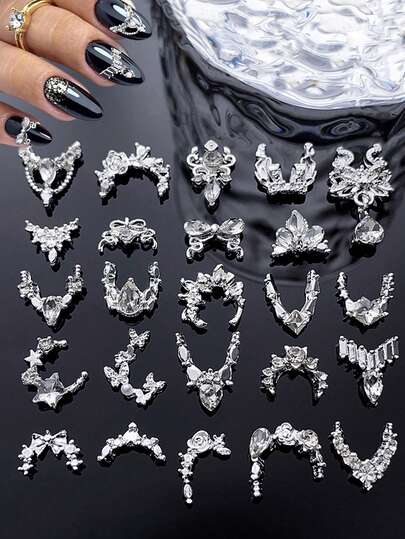 10/24/48pcs 3D Elegant Silver Deer Horn, Butterfly, Star, Bow Nail Art Decorations, Shiny White Crystal Rhinestone Luxury Curved Nail Jewelry, Alloy DIY Nail Gems Suitable For Acrylic Nail Stickers, Phone Cases, Shoes, Clothes, Bags, Nail Art Supplies Nails