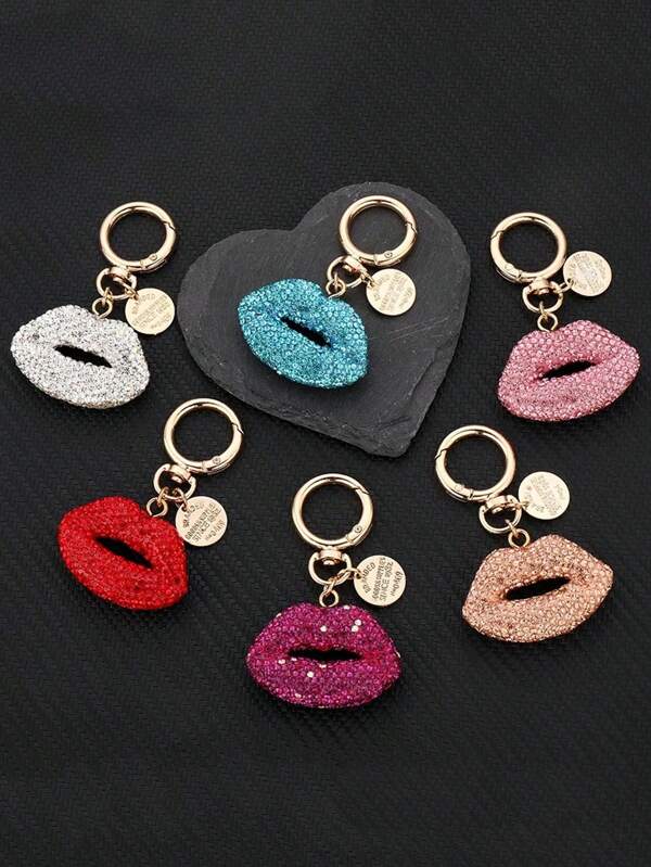 1 pièce Porte-clés de téléphone portable en forme de lèvres entièrement orné de strass, étui à écouteurs en alliage mignon, accessoire de sac, décoration de sac à dos pour la Saint-Valentin, porte-clés pour sac, accessoires de voiture pour femmes