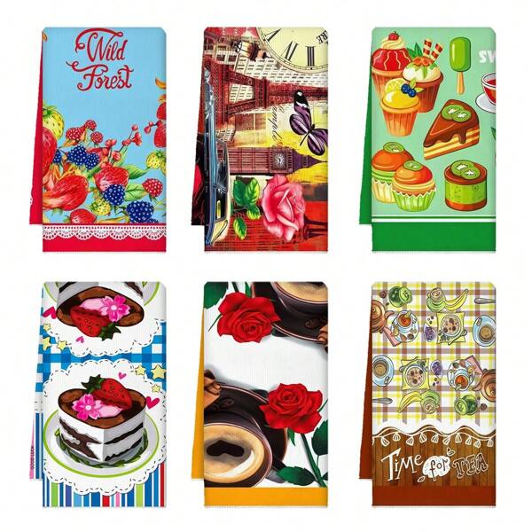 6pcs/12pcs Fruit Cake Design Kitchen Towel Set, 40x60cm, Super Soft Absorbent Fiber, Food Pattern, Machine Washable, Lightweight Design, Perfect Gift For Women, Housewarming Celebration, Kitchen Decor