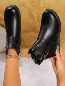 Autumn/Winter Thermal-Lined Short Boots, Anti-Slip Mom Shoes, Black Flat/Chunky Heel Short Ankle Boots, Warm