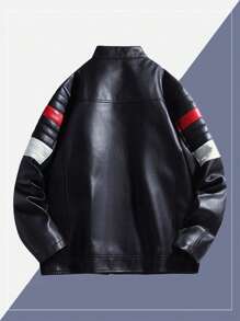 Men's Colorblock Stand Collar PU Leather Jacket, Fashion Biker Motorcycle Jacket, Spring/Autumn