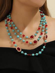 1 件优雅的波西米亚风格绿松石手工玻璃和红宝石长层项链，适合女性在度假、宴会、国庆节佩戴 - 綠松石色 - 查看 2