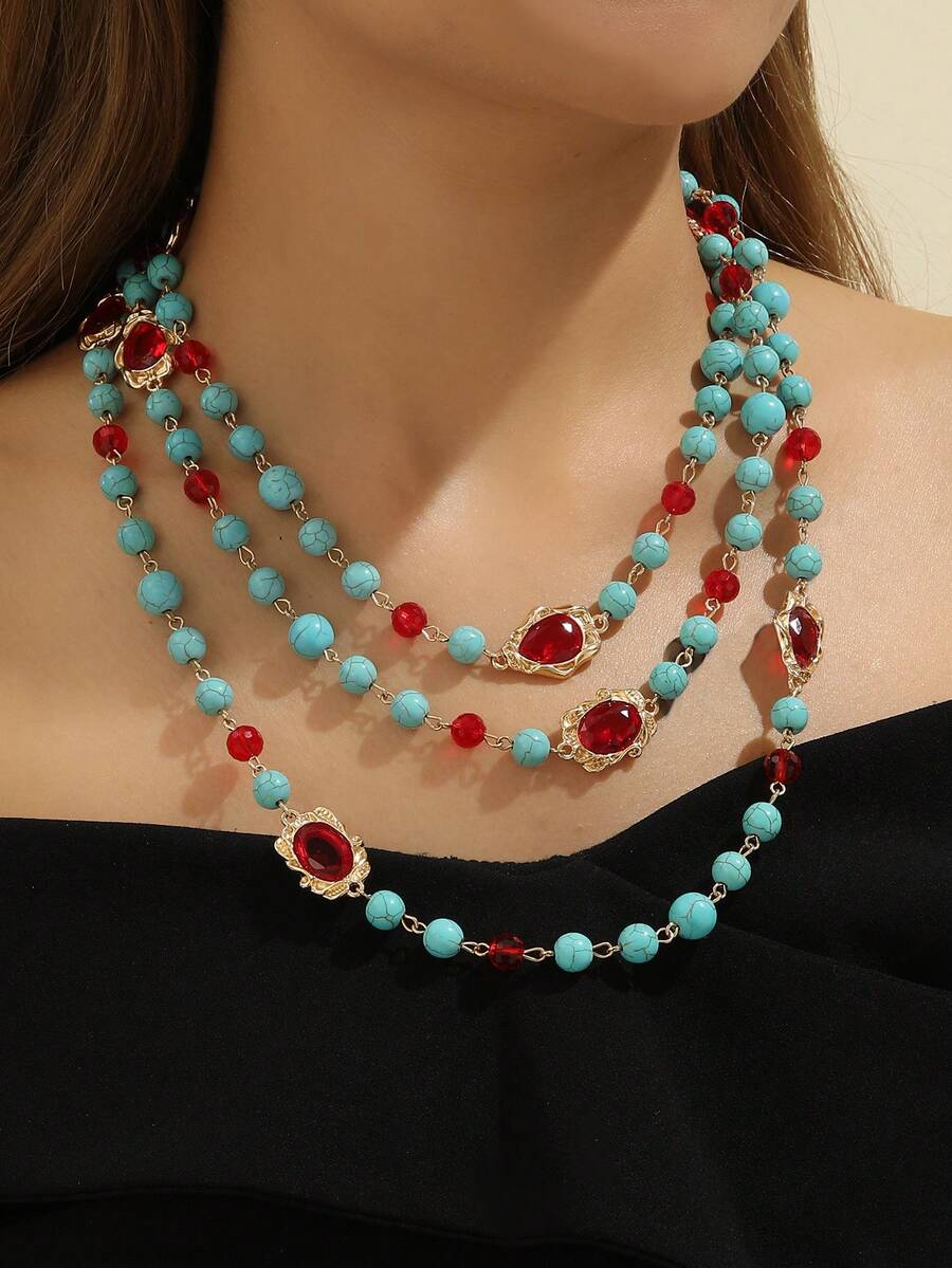 1 件优雅的波西米亚风格绿松石手工玻璃和红宝石长层项链，适合女性在度假、宴会、国庆节佩戴