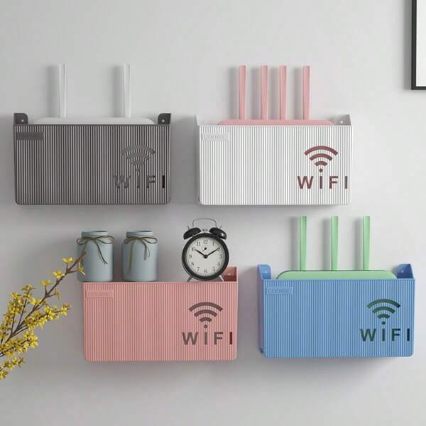 1 Stück Router Aufbewahrungsbox mit 2 Stücke Klebestreifen, in mehreren Farben erhältlich, hochwertiges Material, modernes minimalistisches Design blockiert das Signal nicht, bunter wellenförmiger Muster, rechteckig mit durchbrochenen WLAN-Logo-Detail, zum Aufbewahren von Routern, geeignet für Zuhause