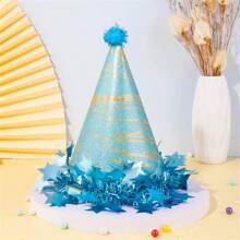 Plush Ball Pompom Star Trim Birthday Hat, Cake Party Decor Matte Pearl Cone Tip Cap For Adults