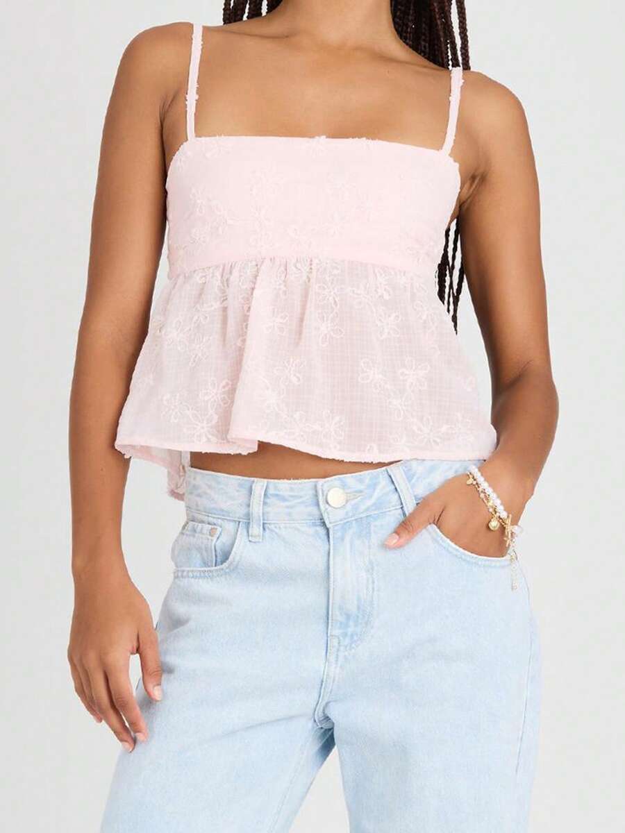 Y2k Embroidery Floral Square Neck Tank Tops Ruffle Flowy Summer Solid Camisole Backless Sleeveless Cami Shirt - Hồng - Xem 1