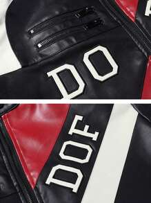 Men's Colorblock Stand Collar PU Leather Jacket, Fashion Biker Motorcycle Jacket, Spring/Autumn